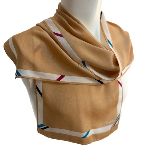 Albert Nipon 100% Silk Scarf – Camel with Border Stripe - Picture 5 of 9